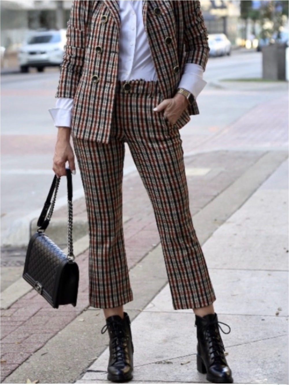 CAbi Jazzy Kick Flare Plaid Crop Trousers Sz 16